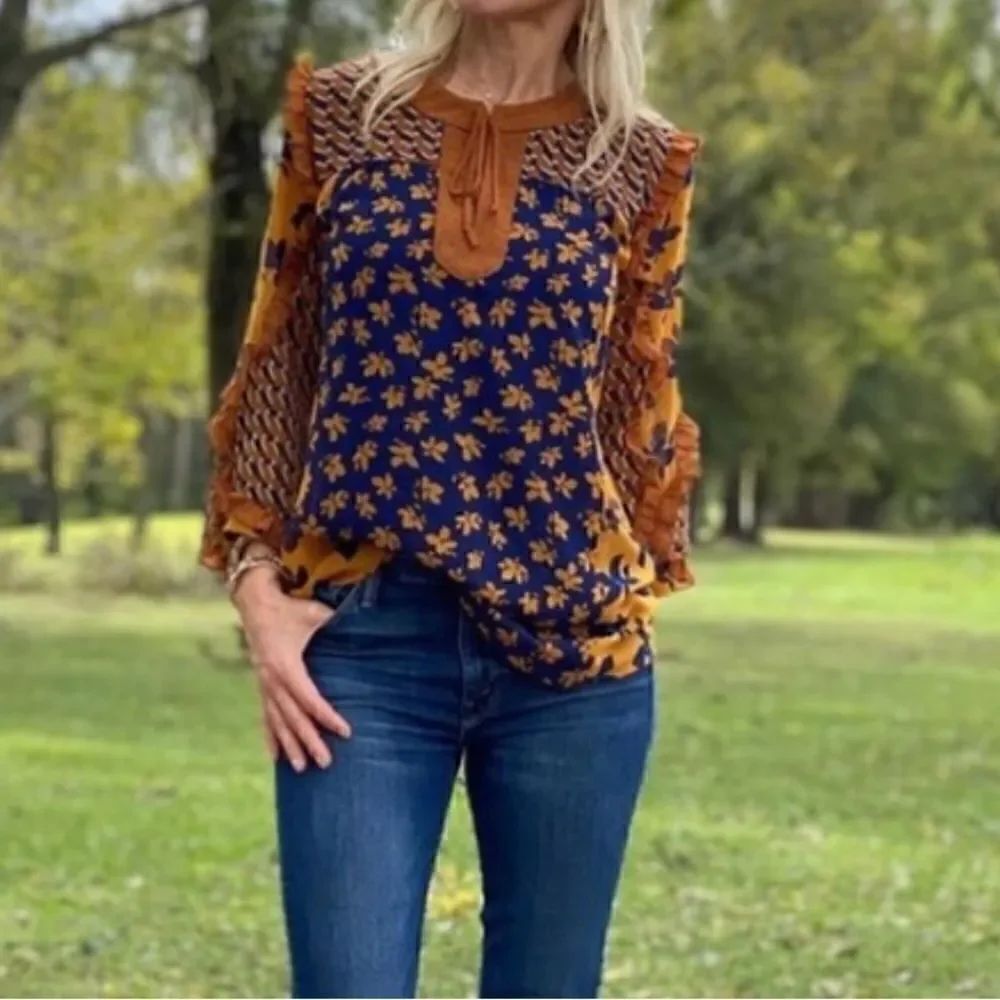 Cabi HARMONY Floral Geometric Pattern Navy Blue Orange Semi Sheer Ruffled Blouse